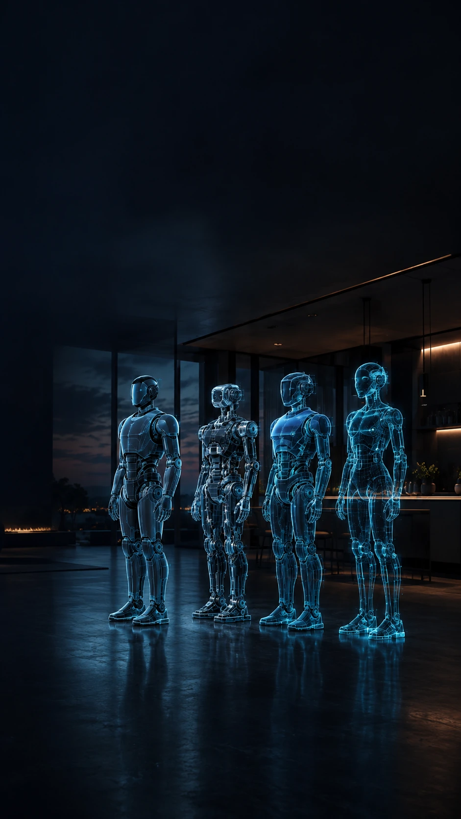 Blueprint-style illustrative humanoid concepts representing different stages of the home-humanoid market