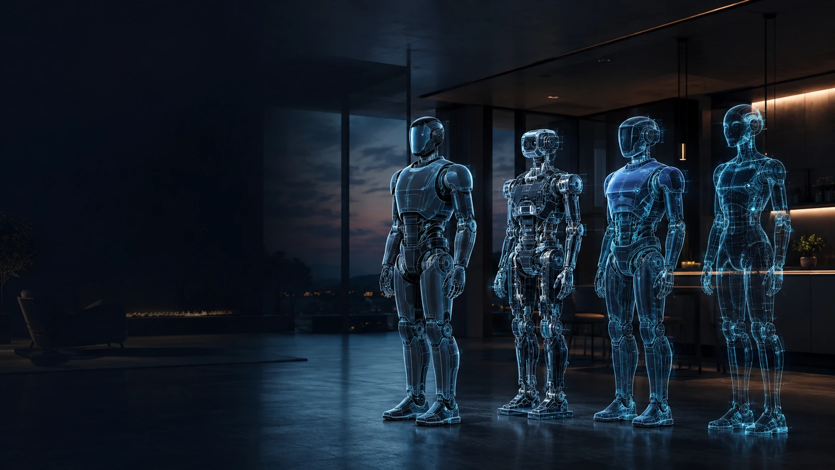 Blueprint-style illustrative humanoid concepts representing different stages of the home-humanoid market