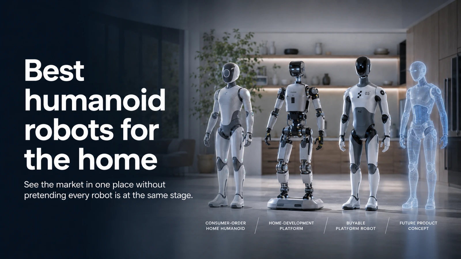 Illustrative line-up of humanoid robot concepts representing different stages of the home-humanoid market