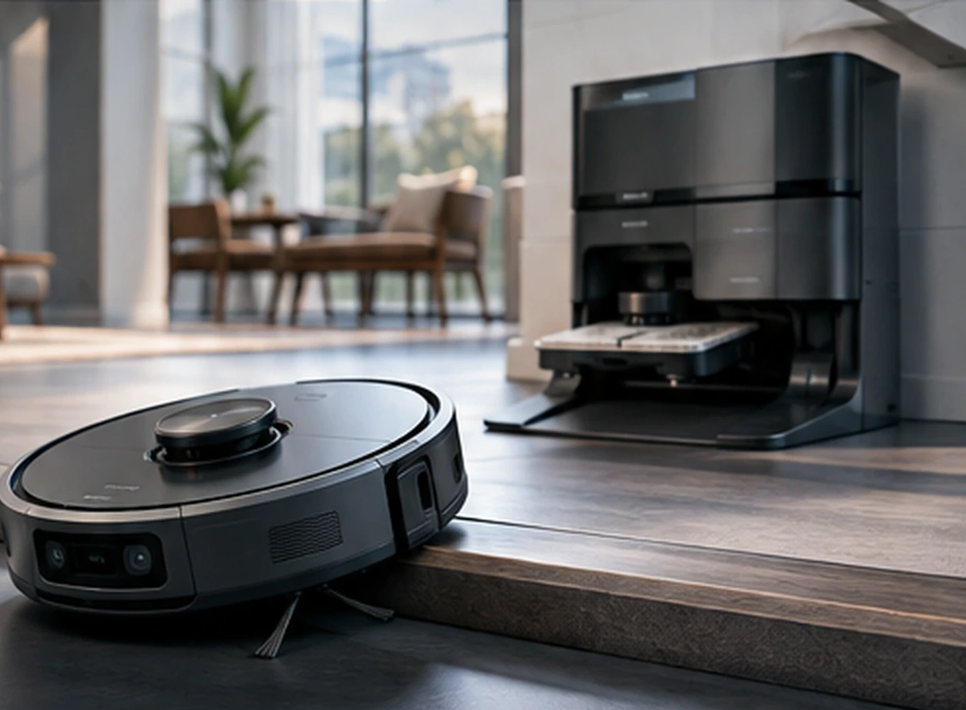 RightRobot-generated illustration of a robot vacuum and automated dock in a modern multi-level home