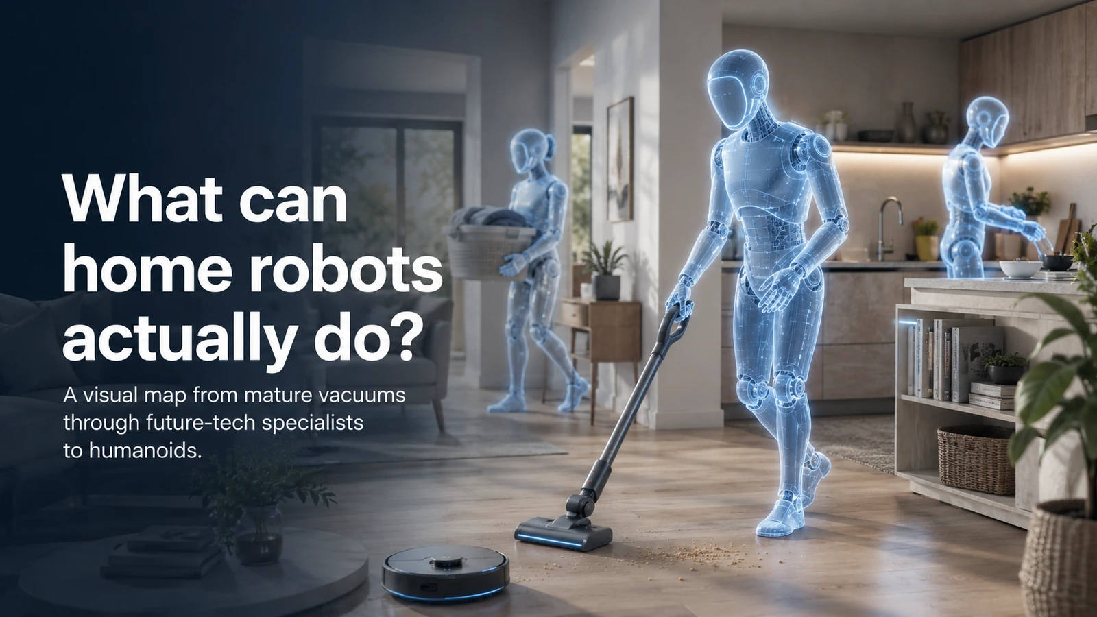 Illustrative home scene showing specialist floor robots and blueprint-style humanoid helpers