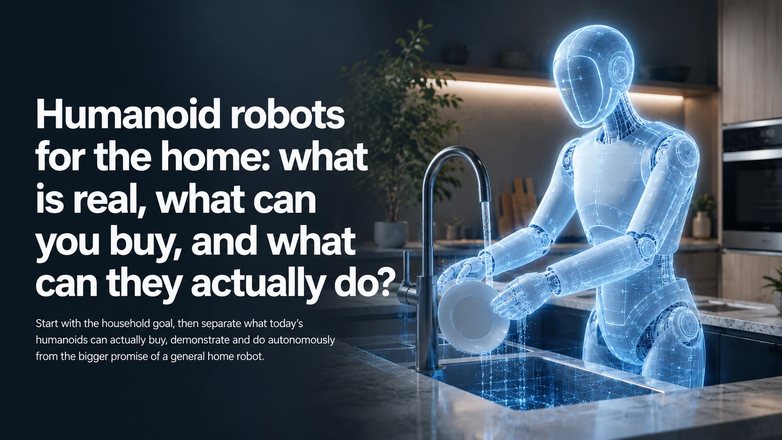 Illustrative blueprint-style humanoid robot working in a modern kitchen