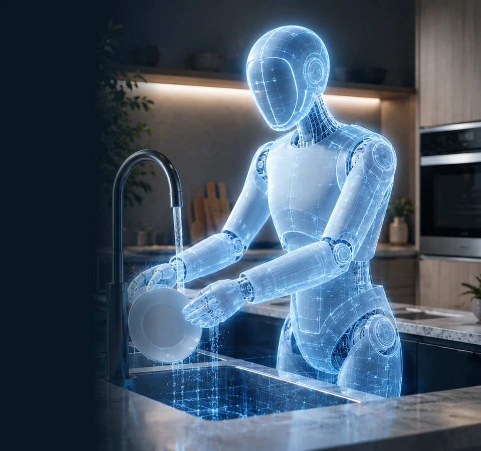 Illustrative blueprint-style humanoid robot working in a modern kitchen