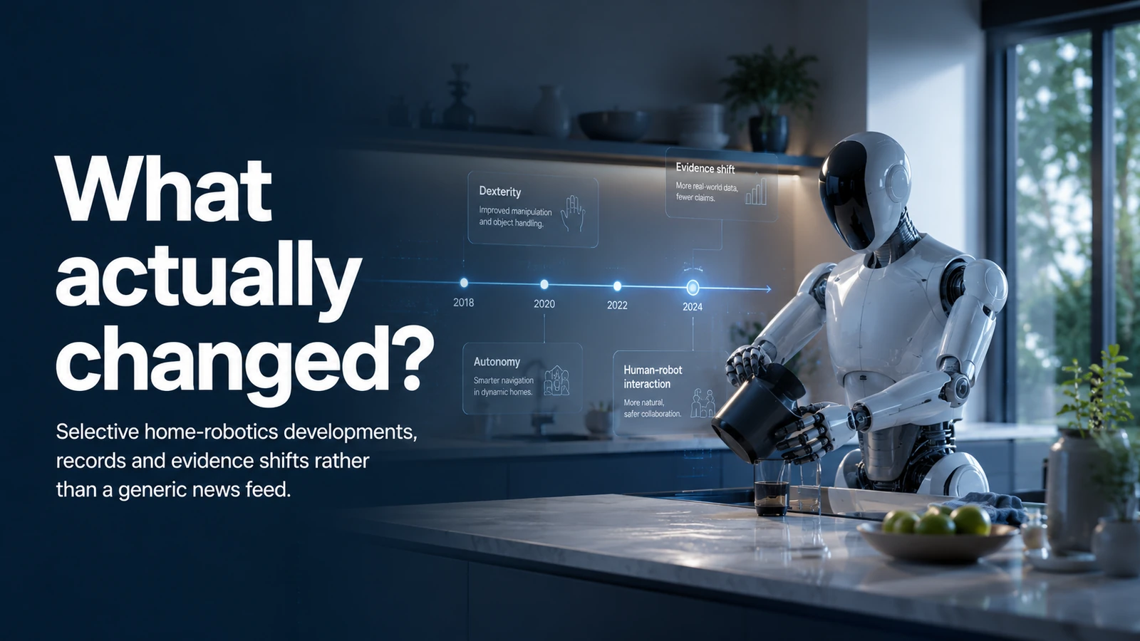 Illustrative humanoid robot in a kitchen with evidence and capability graphics