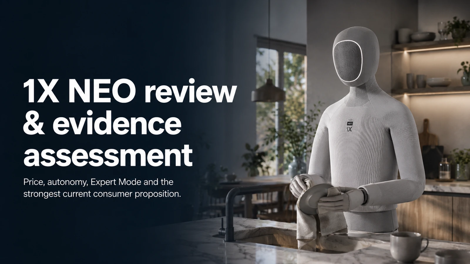 Illustrative home humanoid robot in a kitchen for the 1X NEO evidence assessment