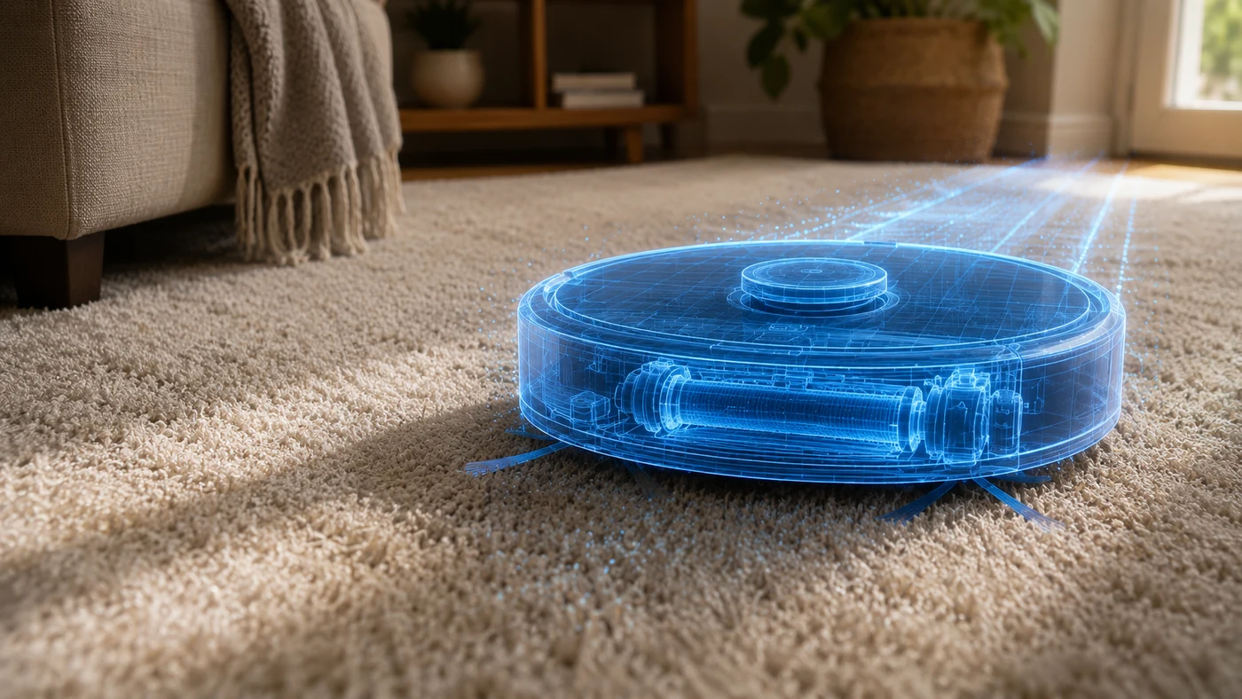 Robot vacuum cleaning a carpeted floor