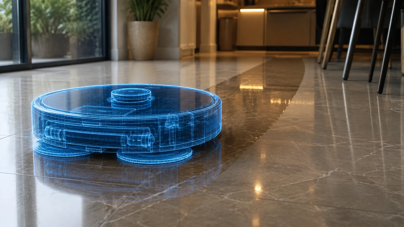 Robot vacuum cleaning a hard floor