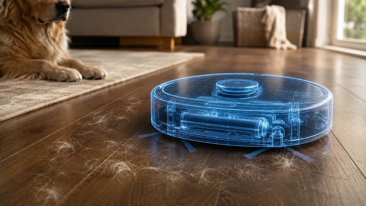 Robot vacuum, pet and loose hair on a floor