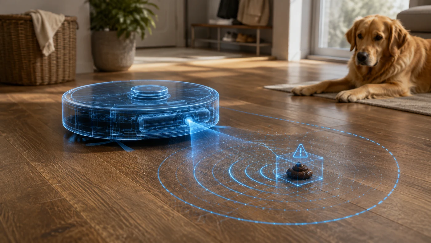 Robot vacuum detecting and avoiding pet waste on a floor