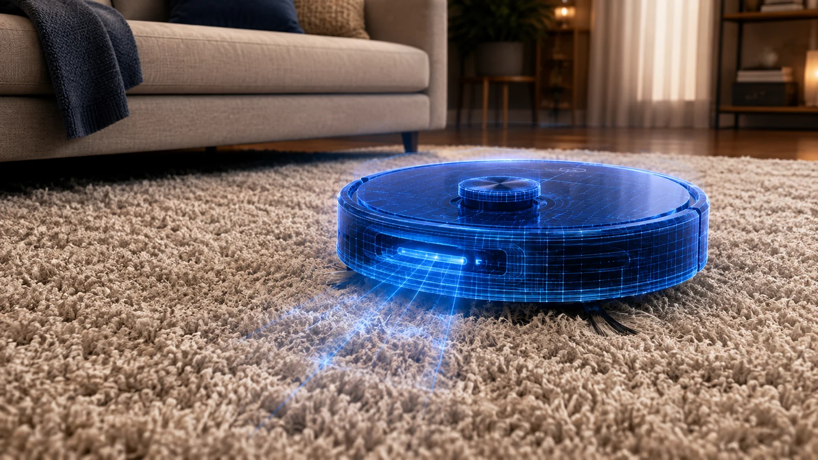 Blueprint-style robot vacuum approaching a raised floor transition