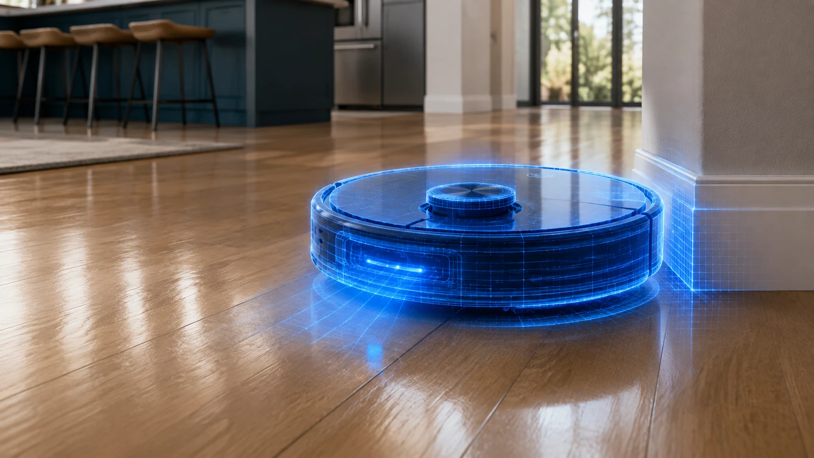 Blueprint-style robot vacuum cleaning a premium hard floor