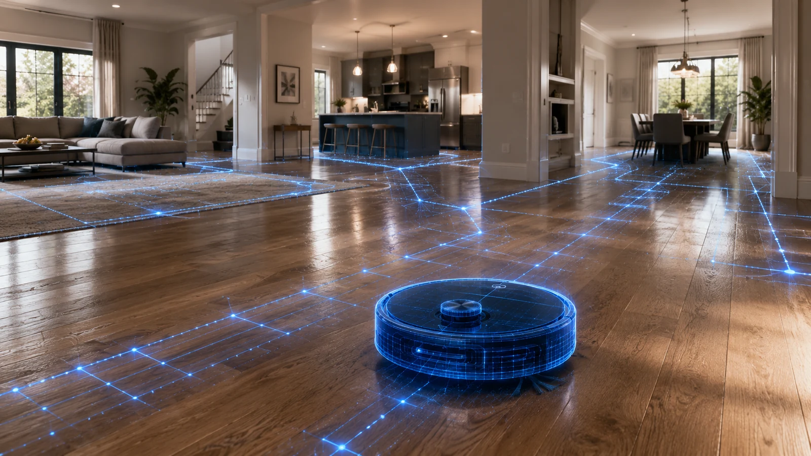 Blueprint-style robot vacuum mapping a large open-plan home