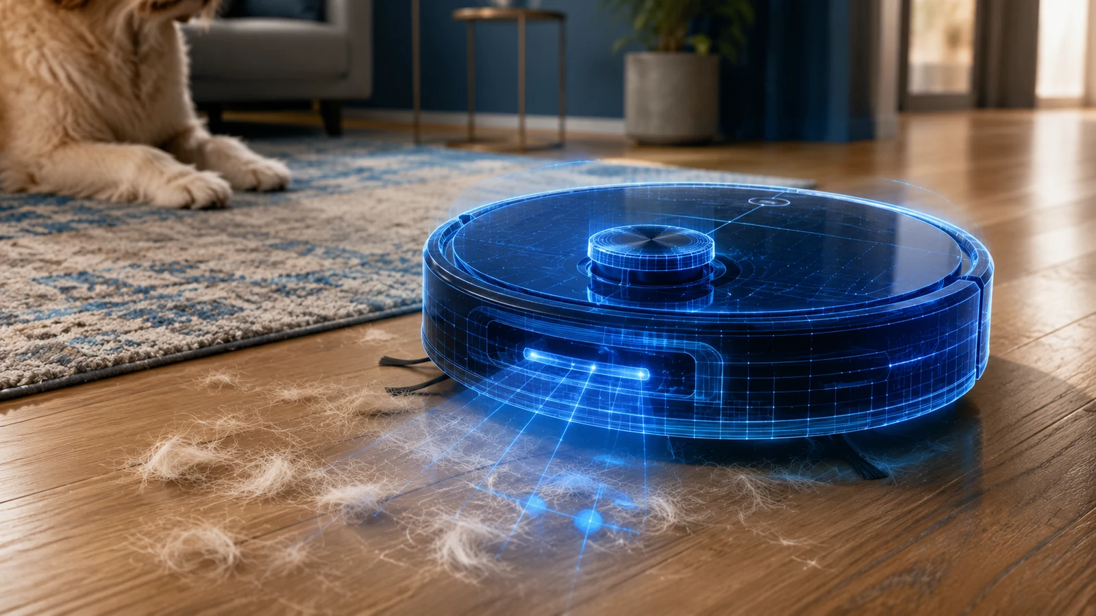 Blueprint-style robot vacuum navigating furniture in a compact home