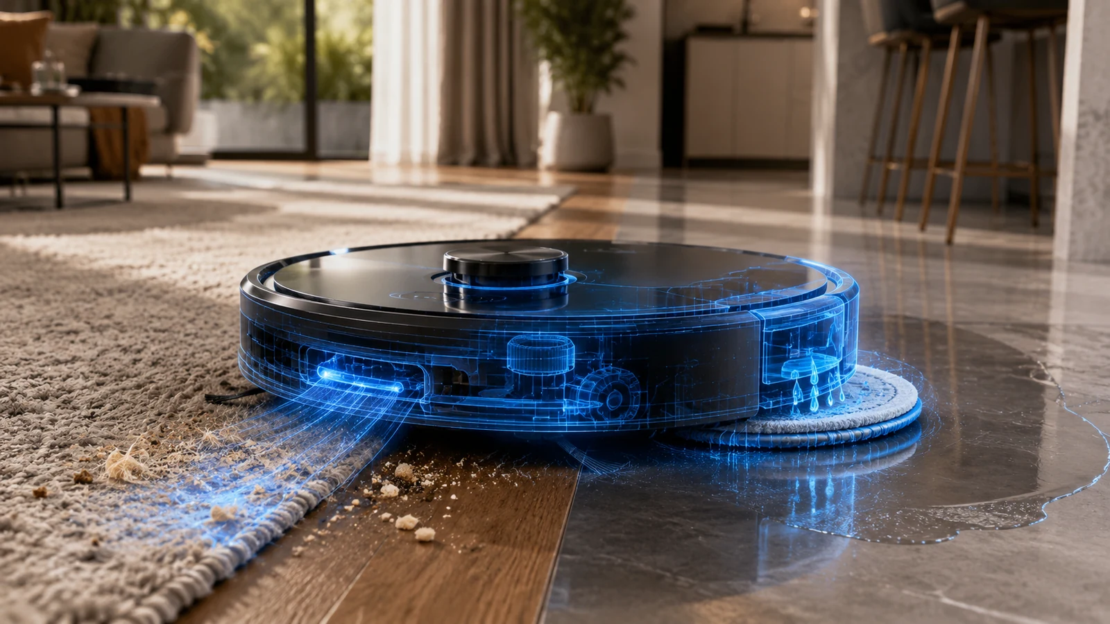 Blueprint-style robot vacuum returning to an automated dock