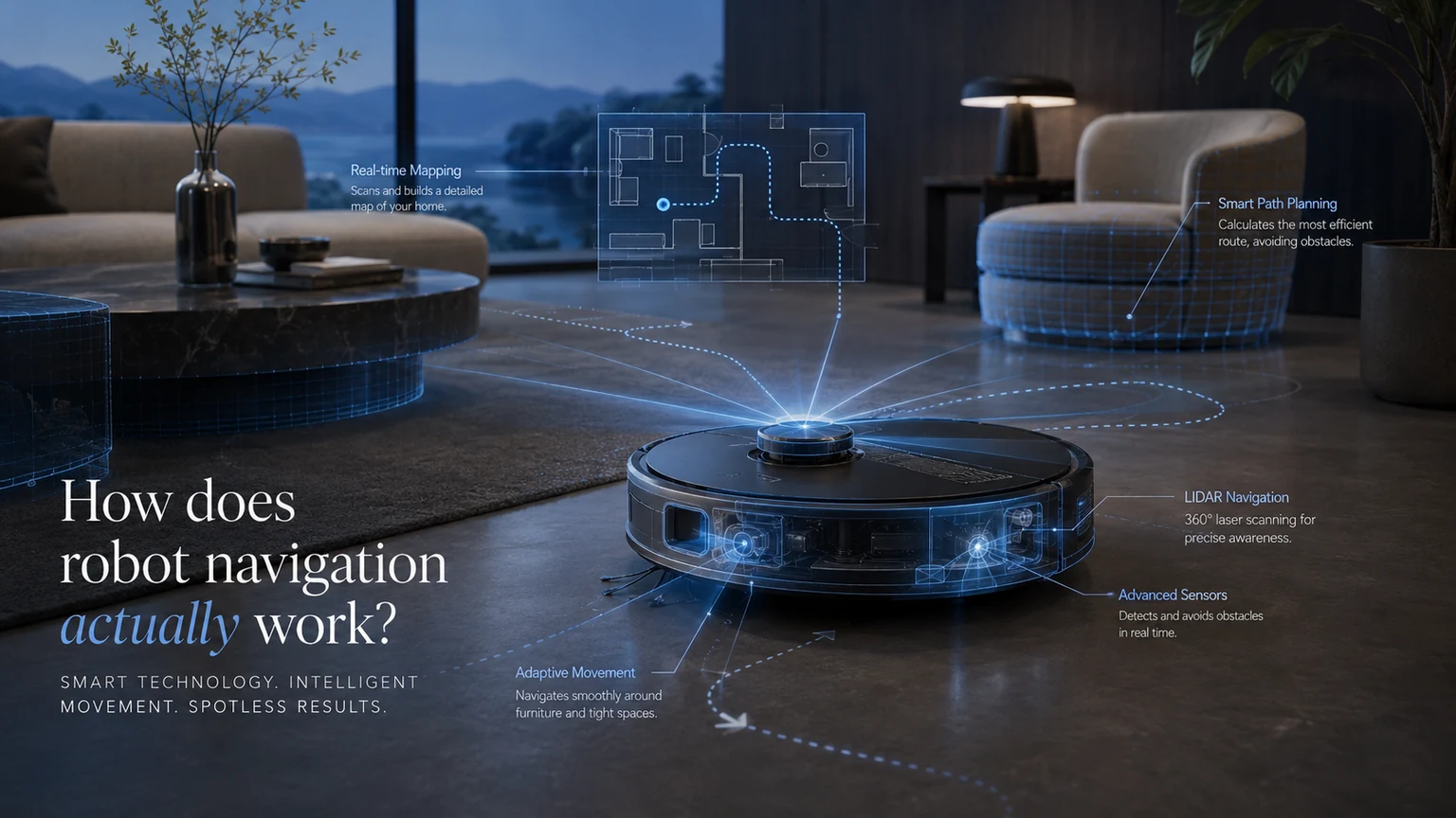 Blueprint-style robot vacuum in a lounge showing LiDAR scanning, route planning and room mapping.