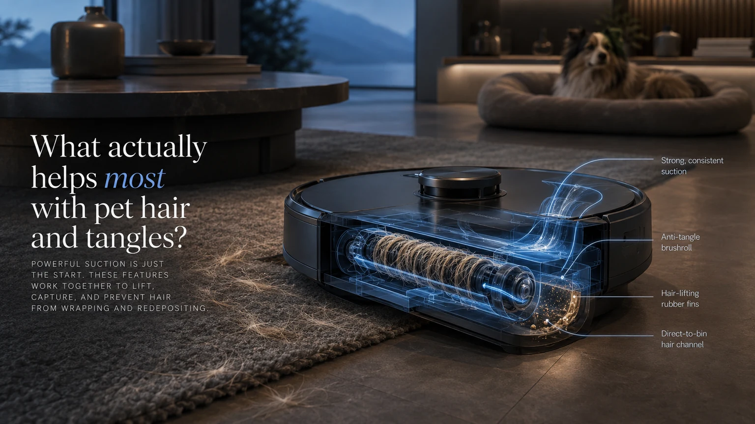 Blueprint cutaway of a robot vacuum brushroll showing pet-hair pickup, anti-tangle design and the air path into the bin.